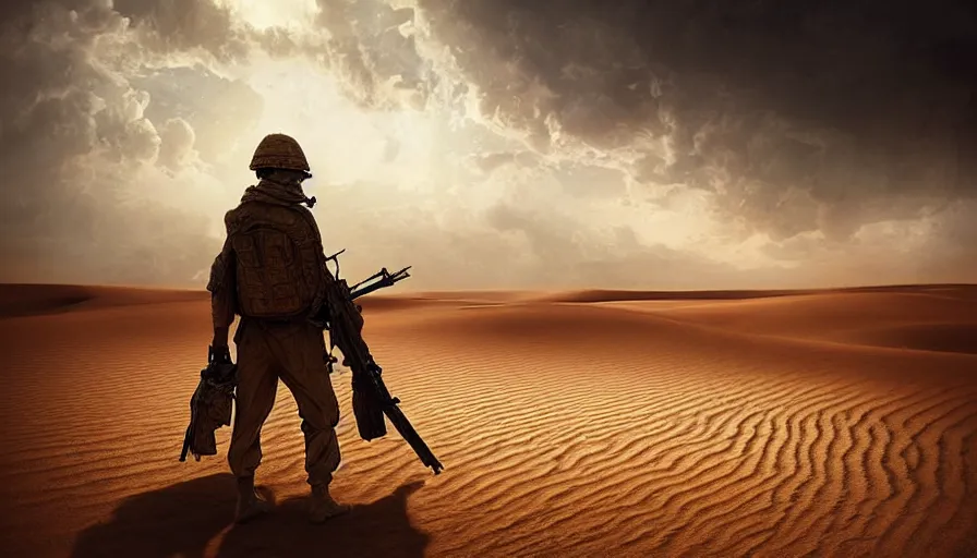 Image similar to giant sand deamon fighting beautiful digital painting of a soldier in a trench waiting for the war to end, in the sahara desert. cinematic lighting, atmospheric emotions by greg rutkowski,