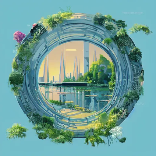 Prompt: beautiful happy picturesque charming organic futuristic sci - fi town in harmony with nature. water and plants. beautiful light. grainy and rough. soft colour scheme. beautiful artistic vector graphic design printed matter by lurid. ( 2 0 2 2 )