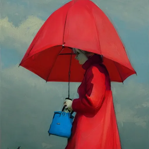 Prompt: woman with red coat and cyan umbrella, jon foster