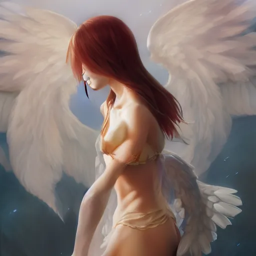 Image similar to an oil painting of a beautiful anime girl with angel wings, by artgerm, wlop and greg rutkowski, hd, hdr, ue 5, ue 6, unreal engine 5, cinematic 4 k wallpaper, 8 k, ultra detailed, high resolution, artstation, award winning