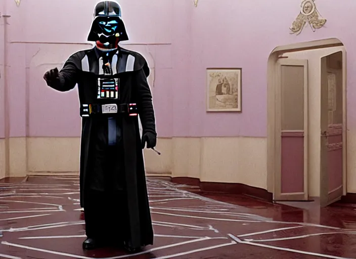 Prompt: a film still of darth vader in the grand budapest hotel ( 2 0 1 4 )