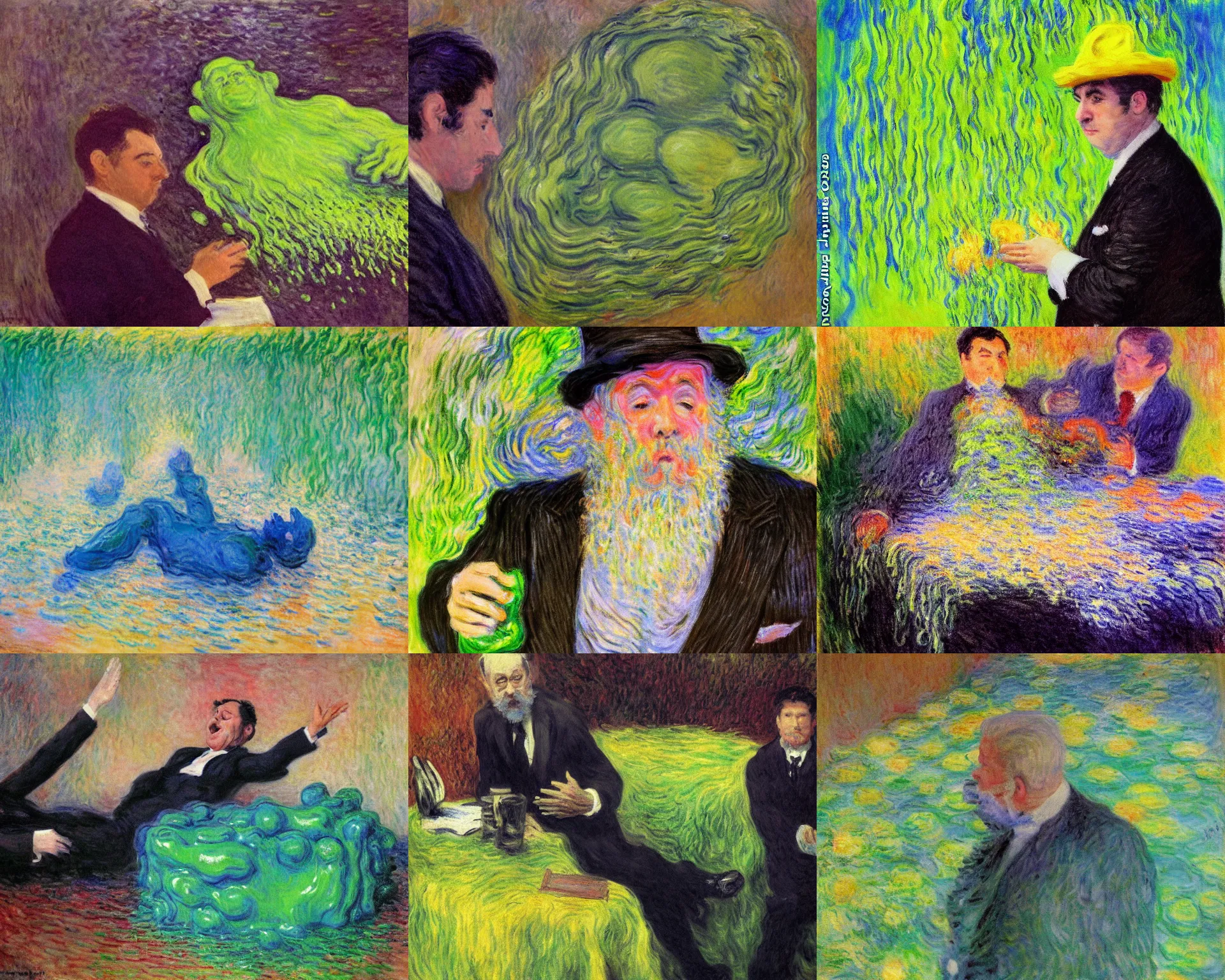 Prompt: slime goop businessman person melting collapsing. impressionist painting, claude monet, melting wax, blobs