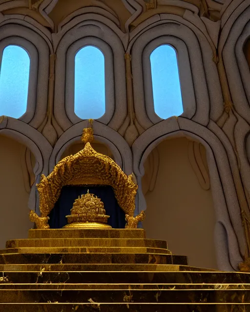 Image similar to scientifically realistic render scifi golden altar to royal fortress stronghold temple carved out of marble skeleton and blue gems rendered in octane