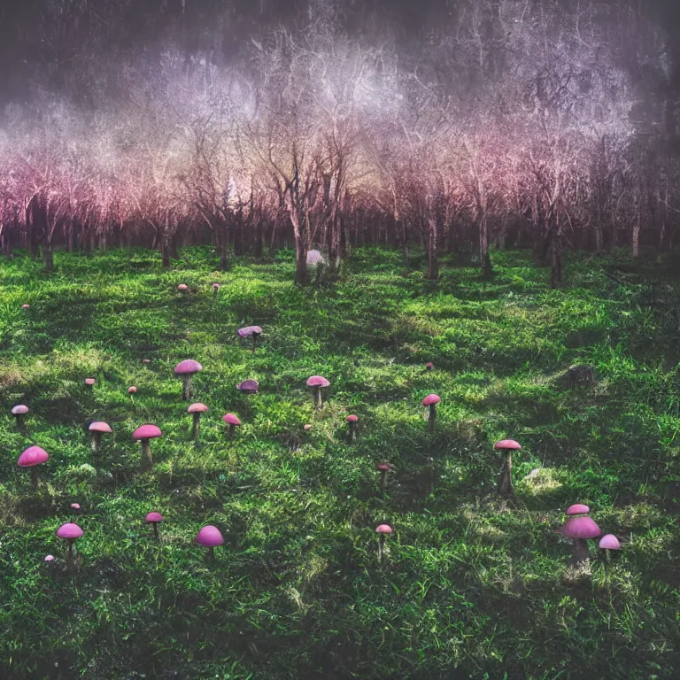 Image similar to a planet of various fungus like trees, mushrooms, flowers and plants, artistic photography, conceptual, long exposure outside the city, volumetric light