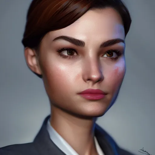 Image similar to beautiful girl protrait in a suit, character portrait, james gurney, character concept style trending on artstation, detailed face, concept art, detailed, octane render cinematic, photo-realistic, 8k, high detailed