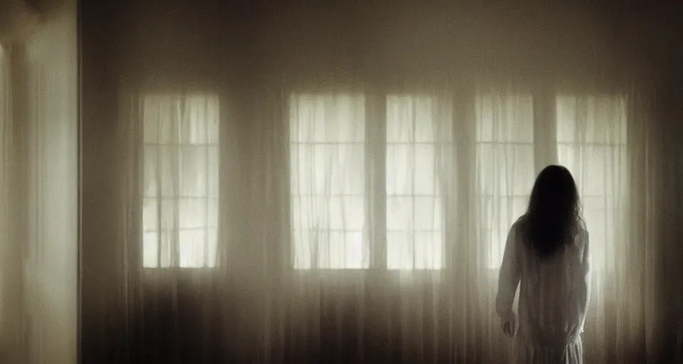 Image similar to Horror film, cinematic tones. Scene where a woman in white looking the window at midnight, view inside the room