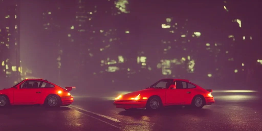 Prompt: Lone 80s red Porsche sports car driving on a deserted city street at night time, fog, purple lighted street, wide angle, cinematic, hard focus, retro-wave vibes, grainy, soft motion blur, VHS Screencap
