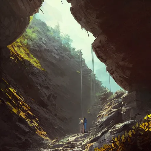 Image similar to mine entrance in a ravine in avila, granite rocks, 4 k, concept art, by wlop, ilya kuvshinov, artgerm, krenz cushart, greg rutkowski, pixiv. cinematic dramatic atmosphere, sharp focus, volumetric lighting, cinematic lighting, studio quality