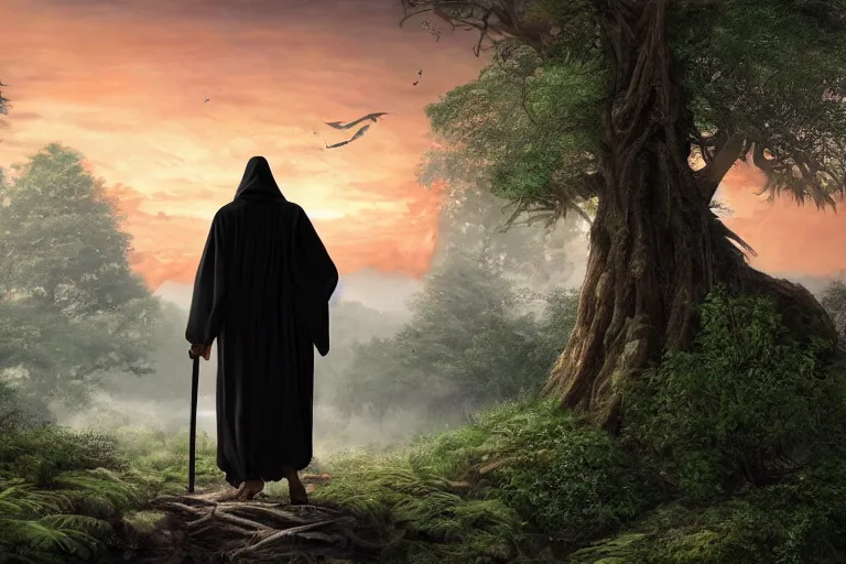 Prompt: ancient wizard walking through the forest as a dark figure in robes during a beautiful sunset, jungle mountains in the background with huge incredibly immense trees, highly detailed, gandalf hyperrealism high detailed figure, trending on art station, flying birds in the distance, ancient forest like fanal forest or fangorn forest, misty forest, realistic painting, sharp image, jurassic image, hyper realistic art, highly detailed leaves, cinematic