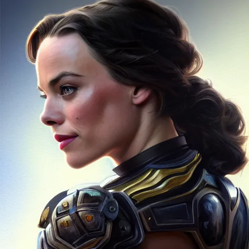 Image similar to Rachel McAdams' face combined with Margot Robbie's face with black hair wearing Power Armor, western, D&D, fantasy, intricate, elegant, highly detailed, digital painting, artstation, concept art, matte, sharp focus, illustration, art by Artgerm and Greg Rutkowski and Alphonse Mucha