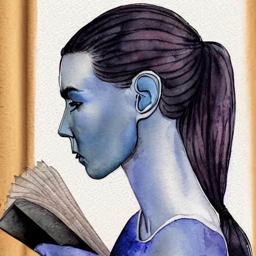 Image similar to full body detailed watercolor illustration of alien jennifer connelly mixed with anya taylor - joy, reading a book, unsettling, hooded long black feathered cloak, uncanny valley, with black feathers instead of hair, gothic, guillermo del toro, gray mottled skin, pale and sickly, profile view, - - ar 9 : 1 6