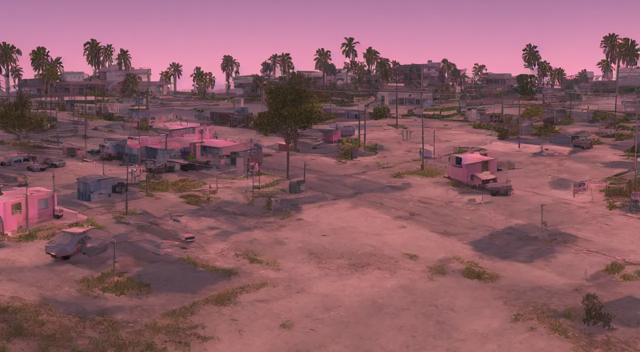 Image similar to hdr map of gta san andreas evening, pink sky, photorealistic, hyper detailed, hyper realistic, houdini, vfx, unreal engine 4, octane render, 8 k