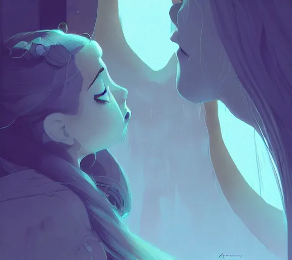 Prompt: portrait aurora kissing rapunzel by atey ghailan, by greg rutkowski, by greg tocchini, by james gilleard, by joe fenton, by kaethe butcher, dynamic lighting, gradient light blue, brown, blonde cream and white color scheme, grunge aesthetic