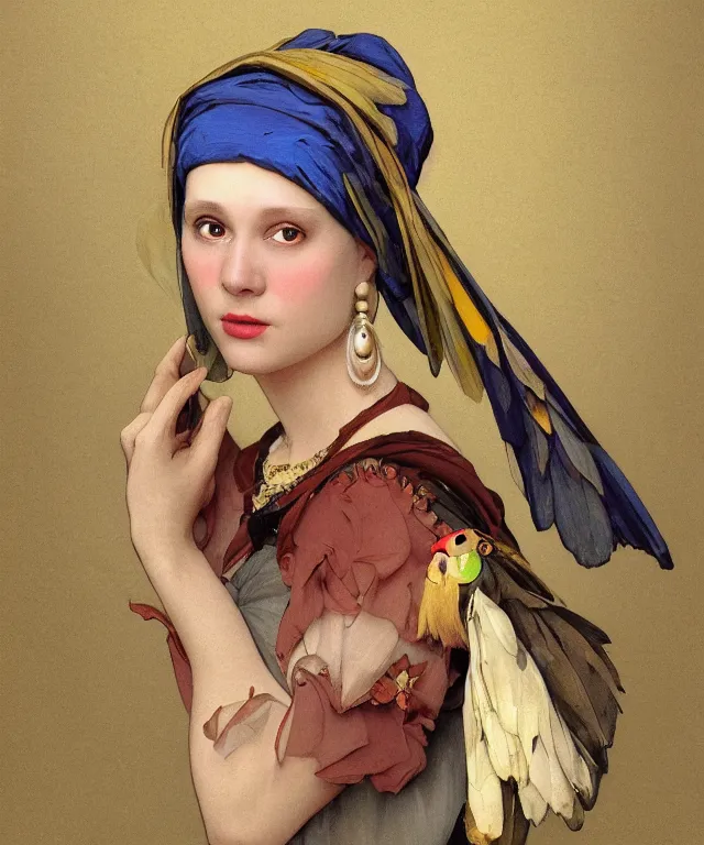 Prompt: parrot as the girl with the pearl earring, highly detailed, digital painting, artstation, concept art, smooth, sharp focus, illustration, ArtStation, art by artgerm and greg rutkowski and alphonse mucha and J. C. Leyendecker and Edmund Blair Leighton and Katsuhiro Otomo and Geof Darrow and Phil hale and Ashley wood and Ilya repin and Charlie Bowater