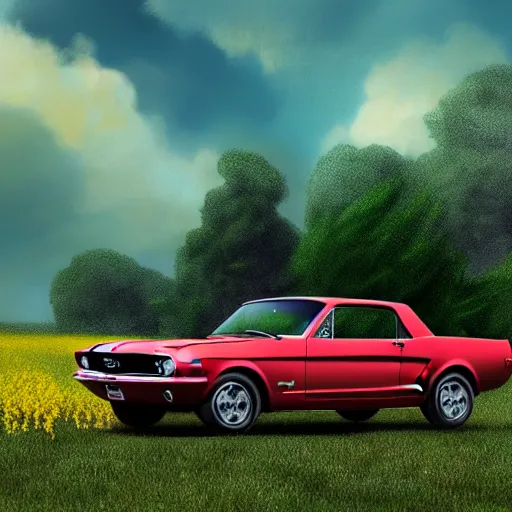 Prompt: a beautiful fantasy matte digital painting of a red 1964 Ford Mustang time machine parked by a field of yellow daffodils under a bright blue sky, painted in the style of Asher Brown Durant, Classic Car magazine, Marc Simonetti, trending on artstation hq