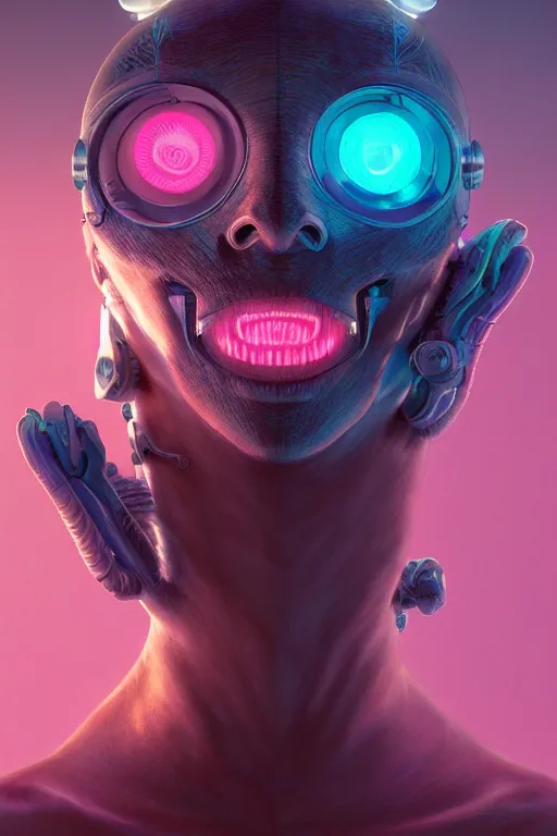 Image similar to portrait of a cute smiling bioluminescent creature, cyberpunk, dark retrowave, highly detailed, asymmetrical artwork, cinematic, hyperrealism, art by zdzisław beksinski and stanley lau and artgerm and magali villeneuve and alphonse mucha, artstation, octane render, unreal engine, 8 k, aperture f 1. 2