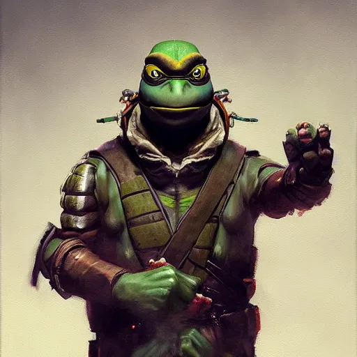 Image similar to portrait painting of a system administrator teenage mutant ninja turtle donatello, building computers, painted by greg rutkowski, dishonored 2