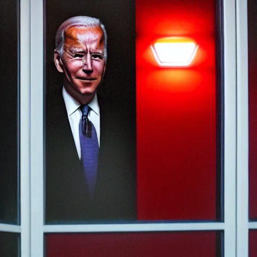 Prompt: dark setting, night time, I look at my window at night to see Joe Biden creepily staring through my window with very red eyes