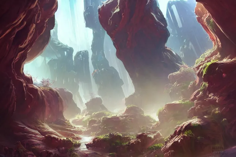 Image similar to futuristic cyberpunk city with lush garden located on rgb Antelope canyon, rocks formed by water erosion, beautiful smooth sandstone in unique shapes with light beams that shine through its walls, polish narrow slots of walls into a striated swirling finish, digital painting, concept art, smooth, sharp focus, from Star Trek 2021, illustration, by WLOP and Ruan Jia and Mandy Jurgens and William-Adolphe Bouguereau, Artgerm