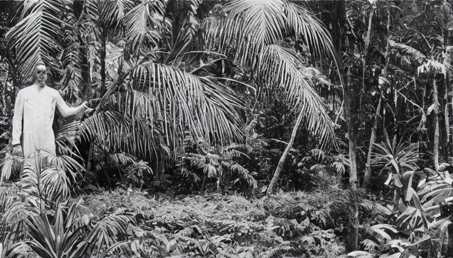 Prompt: lost film footage of a sacred object in the middle of the ( ( ( ( ( ( tropical jungle ) ) ) ) ) ) / film still / cinematic / enhanced / 1 9 2 0 s / black and white / grain