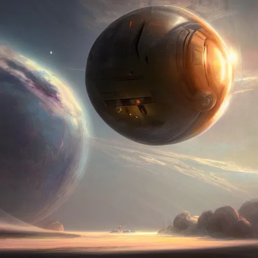 Prompt: spherical spaceship in the sky by Stephan Martiniere, masterpiece , volumetric light