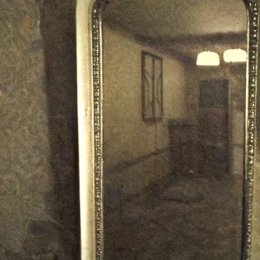 Image similar to insane nightmare, no light, everything is blurred, creepy shadows, vintage mirror, very poor quality of photography, 2 mpx quality, grainy picture