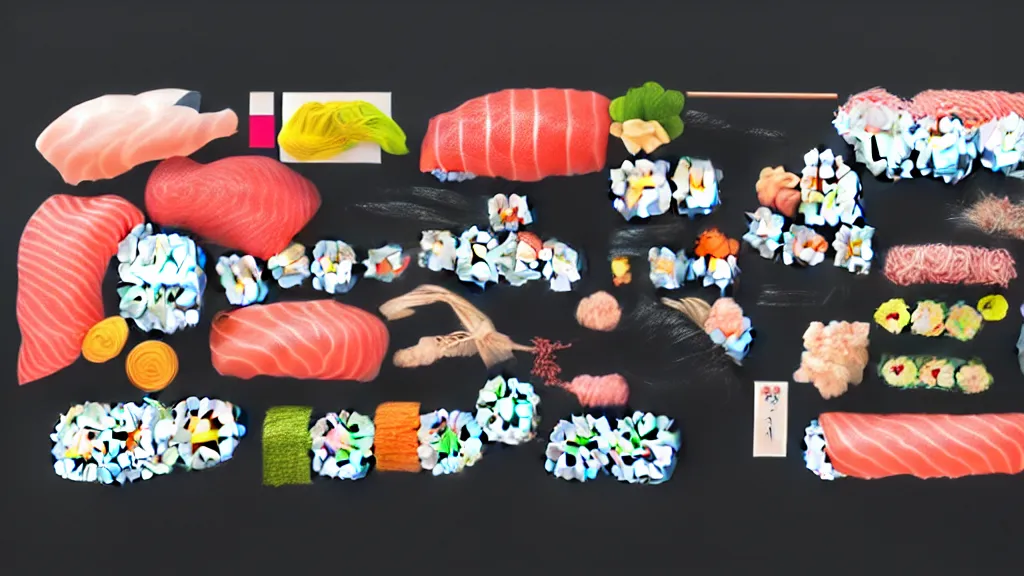 Image similar to a selection of single sushi platters, several items in an array, japan, a collage painting, in the style of wes anderson, lola dupre, david hockney, isolated on negative white space background dark monochrome neon spraypaint accents volumetric octane render