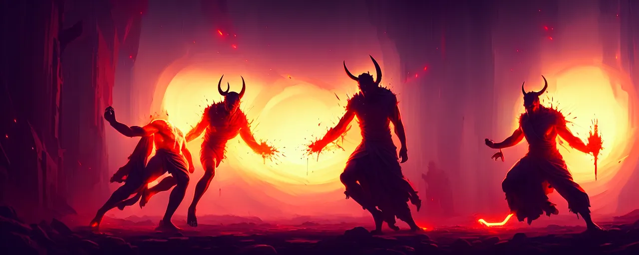 Image similar to a pure glowing god versus bloody ashes devil, digital art, many details, action, greg rutkowski style, high quality, 8 k