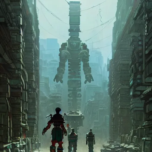 Prompt: mayan cyberpunk robot golem striding through streets of city, perfectly clear face, shadow of the colossus screenshot by j. c. leyendecker, simon stalenhag, studio ghibli, and beksinski