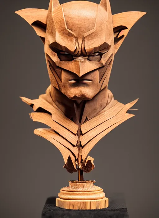 Image similar to high intricate bust of an batman carved from wood in baroque style, studio light, maria panfilova, andrea savchenko, mike kime, ludovic plouffe, qi sheng luo, oliver cook, trending on artstation