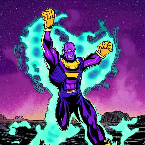 Prompt: bcbess illustration of thanos destroying the world