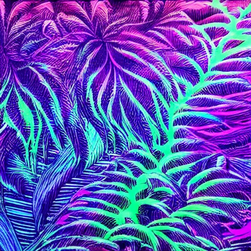 Image similar to vaporwave forest Hyper-realistic Highly detailed neon ink painting, trending on Art Station