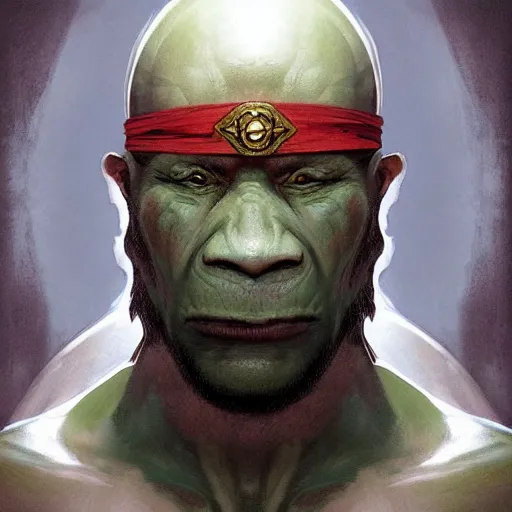 Image similar to “portrait of an orc monk (green skin) oracle wearing robes and a blindfold that covers his eyes, D&D character, highly detailed, digital fantasy character painted portrait, artstation, concept art, sharp focus, illustration, art by artgerm and greg rutkowski and alphonse mucha and craig mullins and James Jean and Andrei Riabovitchev and Marc Simonetti and peter mohrbacher”