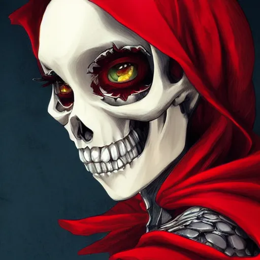 Prompt: anime manga skull portrait young woman skeleton, red riding hood, unreal engine, intricate, elegant, highly detailed, digital art, art by JC Leyendecker and William Turner 1860