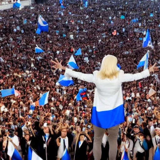 Image similar to Lady Gaga as president, Argentina presidential rally, Argentine flags behind, bokeh, giving a speech, detailed face, Argentina