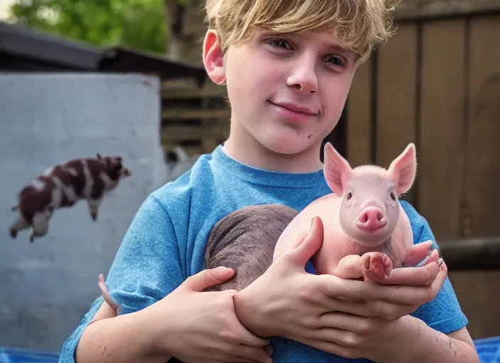 Image similar to a trans boy with a piglet. memphis style