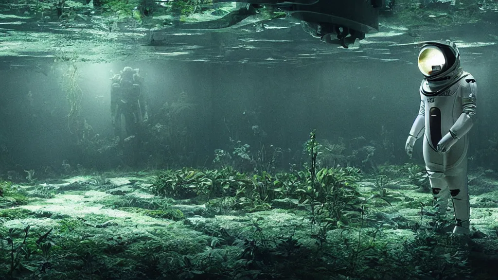 Prompt: Futuristic astronaut in an empty dark flooded ballroom overgrown with aquatic plants, film still from the movie directed by Denis Villeneuve with art direction by Salvador Dalí, wide lens