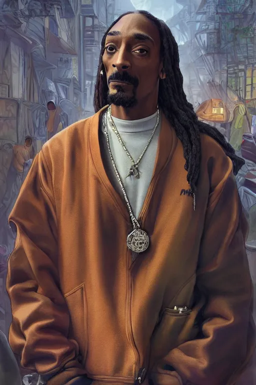 Image similar to male cottagecore snoop dogg, Calvin Cordozar Broadus Jr., police raid in the ghetto, peopl getting arrested, intricate, swagger, highly detailed, digital painting, artstation, concept art, smooth, sharp, focus, illustration, art by artgerm and greg rutkowski and alphonse mucha