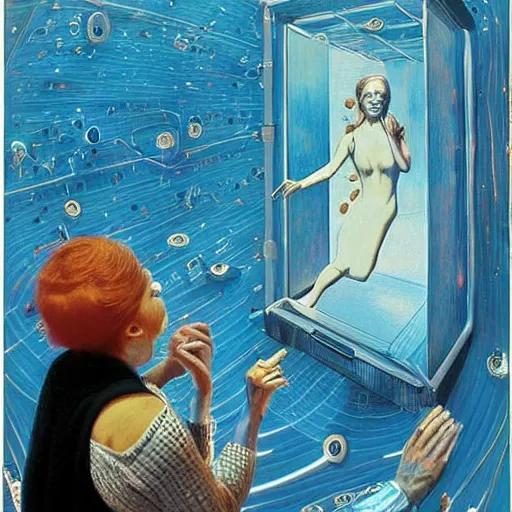 Prompt: A performance art. A rip in spacetime. Did this device in her hand open a portal to another dimension or reality?! warm blue by Robert Williams unified, depressing