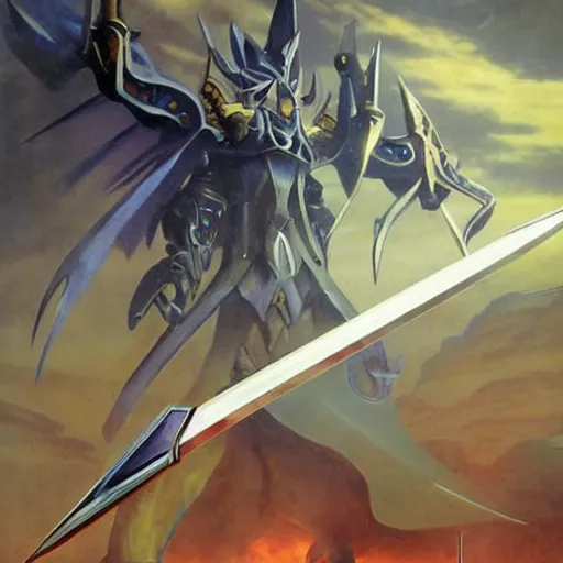 Prompt: concept art of omegamon, sword for left arm and a cannon for right arm, fantasy, valley, heavy fog, wayne barlowe