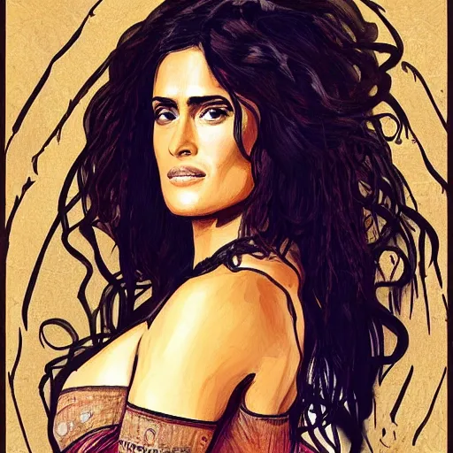 Image similar to salma hayek in wild wild west, portrait, mucha style