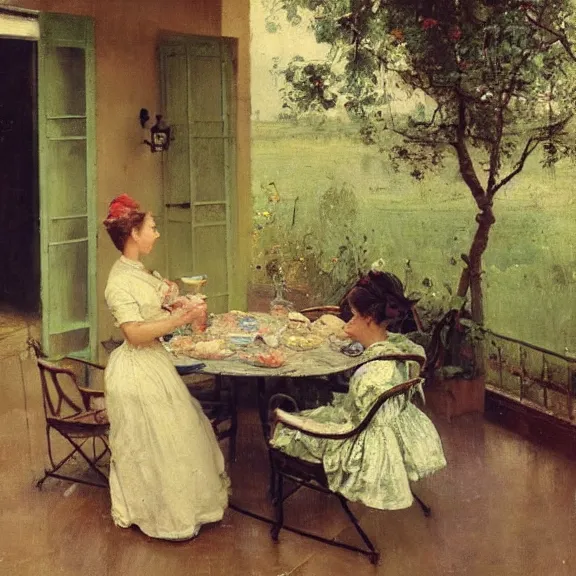 Image similar to a gorgeous housewife putting dishes on a table in the backyard, the table has a parasol, rainy scene, 1 9 5 0's, medium symmetry, by ilya repin, extreme detail, 8 k, intricate abstract, photorealistic