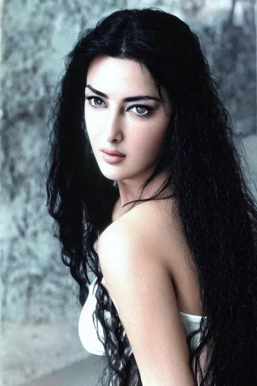 Prompt: young arab Monica Bellucci, blue eyes, long wavy black hair, white veil, closeup, focus, colored, long face