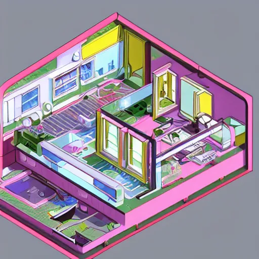 Prompt: isometric view of a moden retro futuristic home by Chiho Aoshima