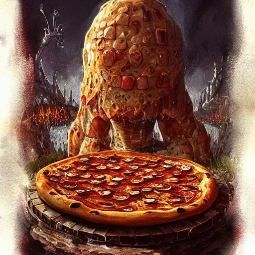 Image similar to ultra realistic illustration of pizza golem, intricate, fantasy italy, elegant, highly detailed, digital painting, artstation, concept art, smooth, sharp focus, illustration, art by tim mcburnie and conar cross and anato finnstark