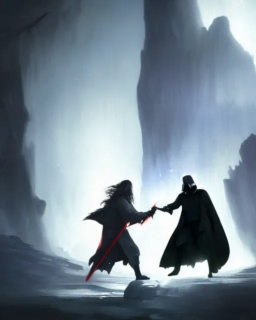 Prompt: ! dream gandalf and darth vader battling with magic and light sabers, greg rutkowski, esuthio, craig mullins, cinematic lighting, gloomy