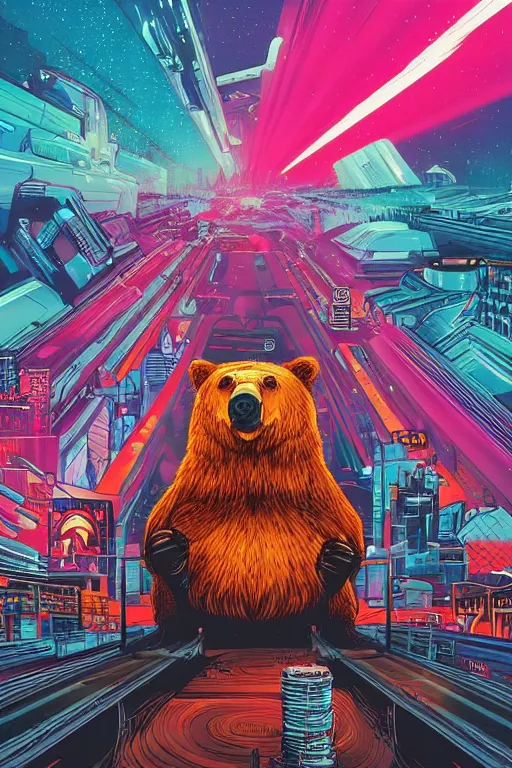 Image similar to a portrait of a bear with thunders in the sky in a future cybernetic city, outrun style and colours, trending on arstation, by dan mumford, by ross tran