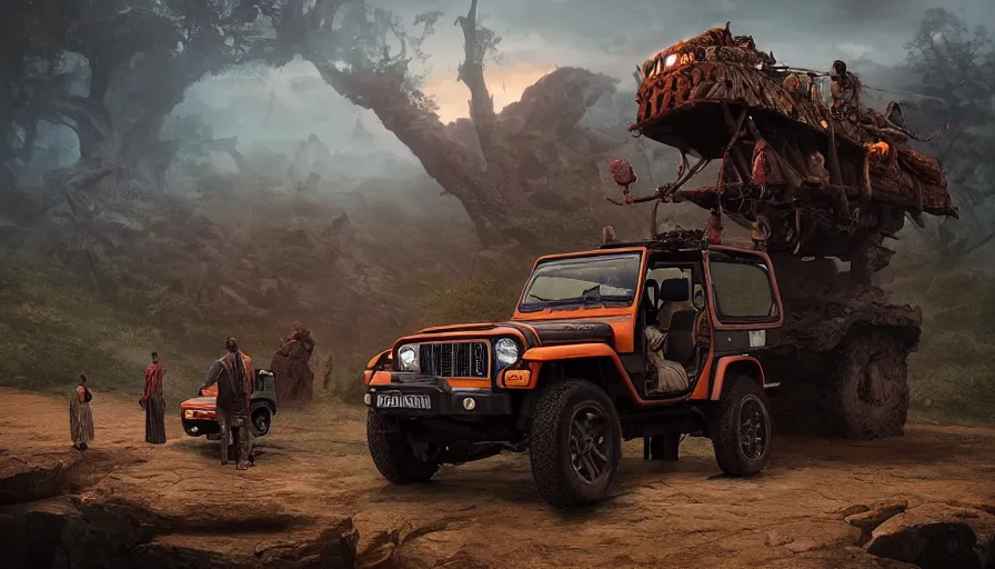 Image similar to Mahindra thar, tribe members watching nearby, an epic fantasy, dramatic lighting, cinematic, establishing shot, extremely high detail, photorealistic, shot on red camera, cinematic lighting, artstation, by simon stalenhag, shadow of the tomb rider