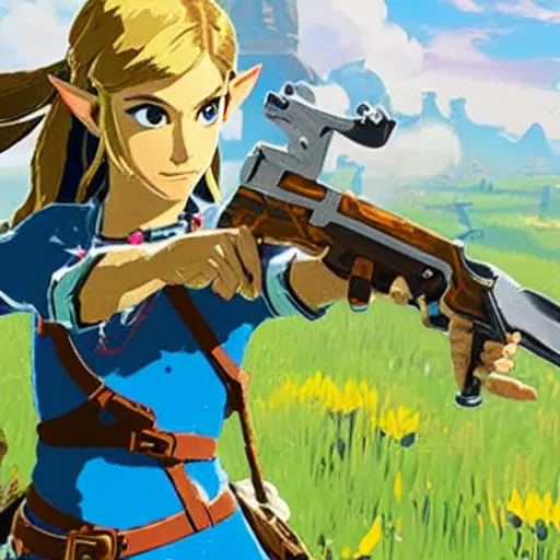 Image similar to zelda from breath of the wild holding a gun