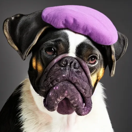 Prompt: very fat purple dog with a bonnet, hyperrealistic ultra detailed artistic photography